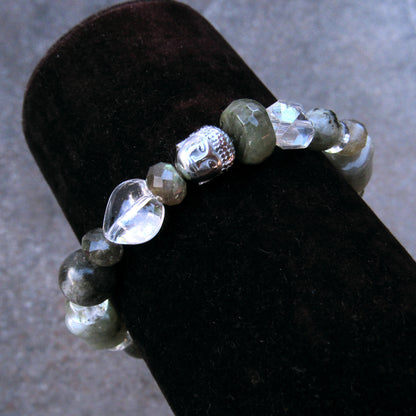 Labradorite, Hematite Buddha, and Quartz stretch bracelet