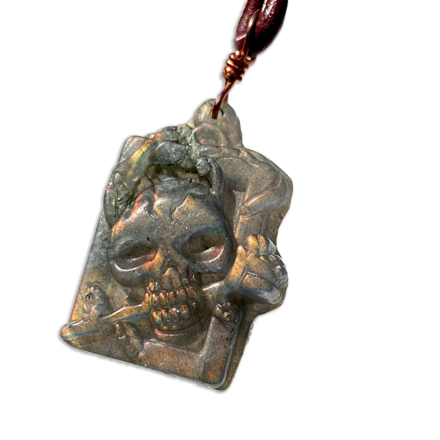 Labradorite gemstone Skull on Leather Necklace