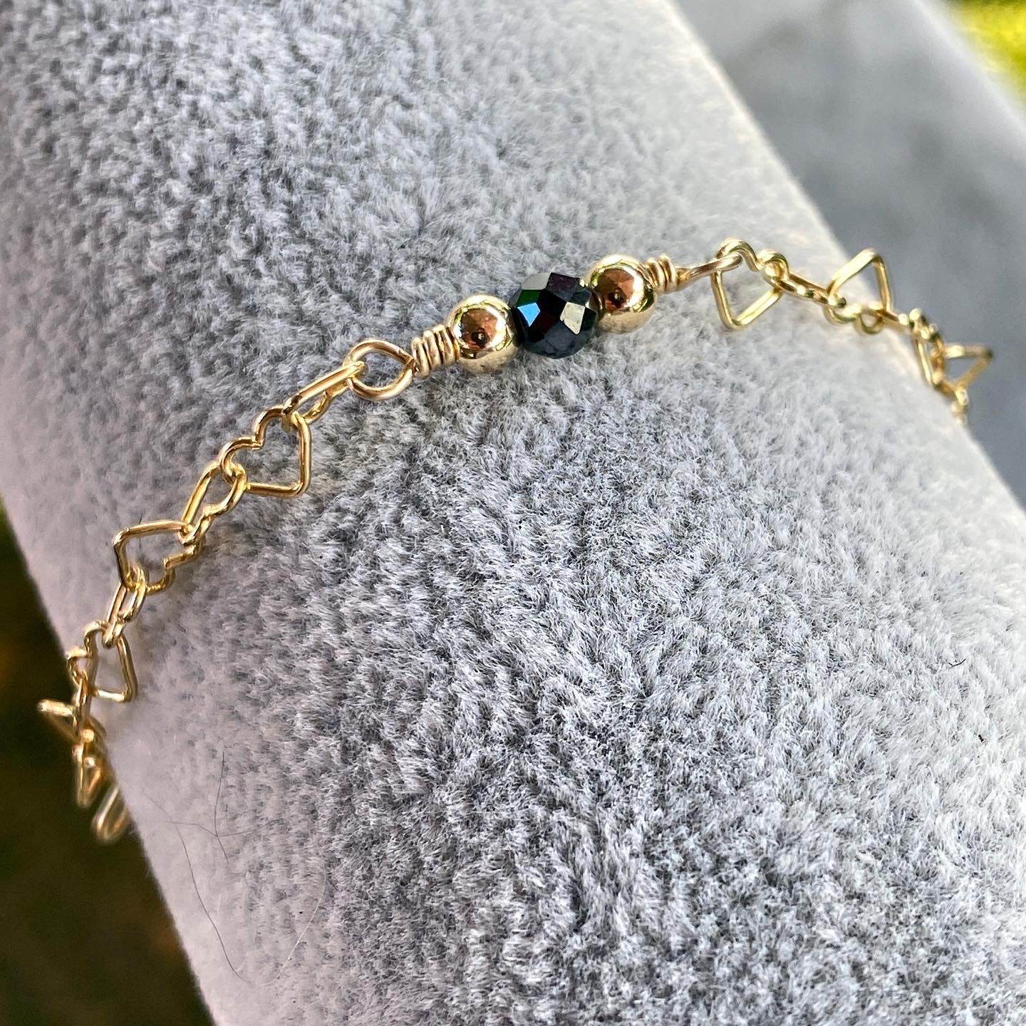 Black diamond and 14 kt gold fill heart chain bracelet