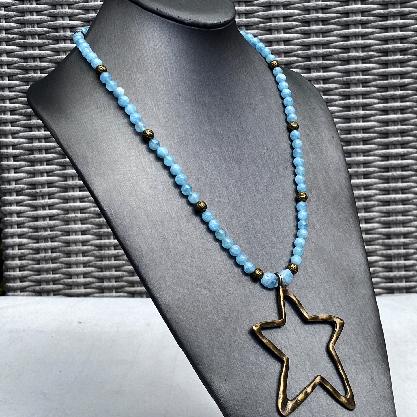 Aquamarine and Brass Star pendant Necklace