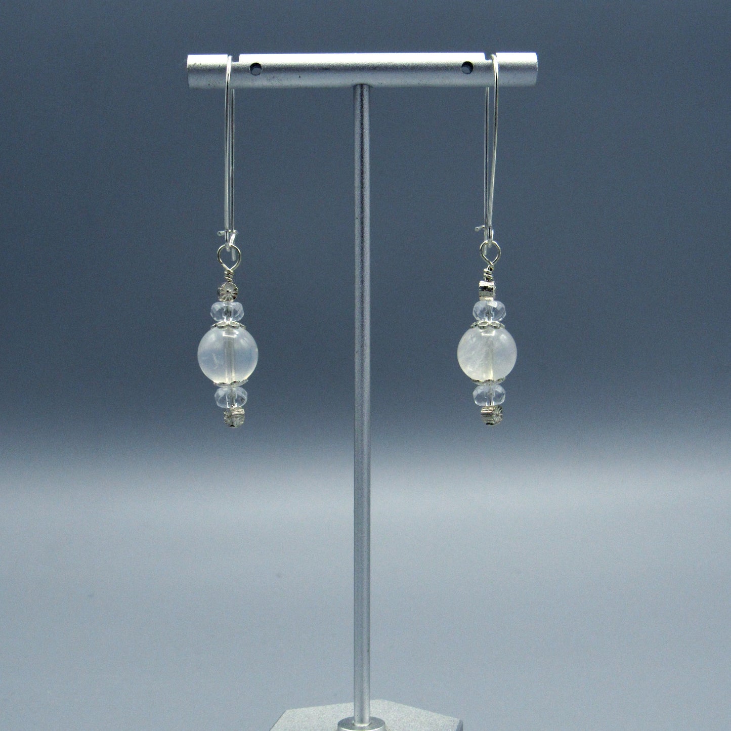 Moonstone Gemstone, Quartz, and Sterling Silver Earrings