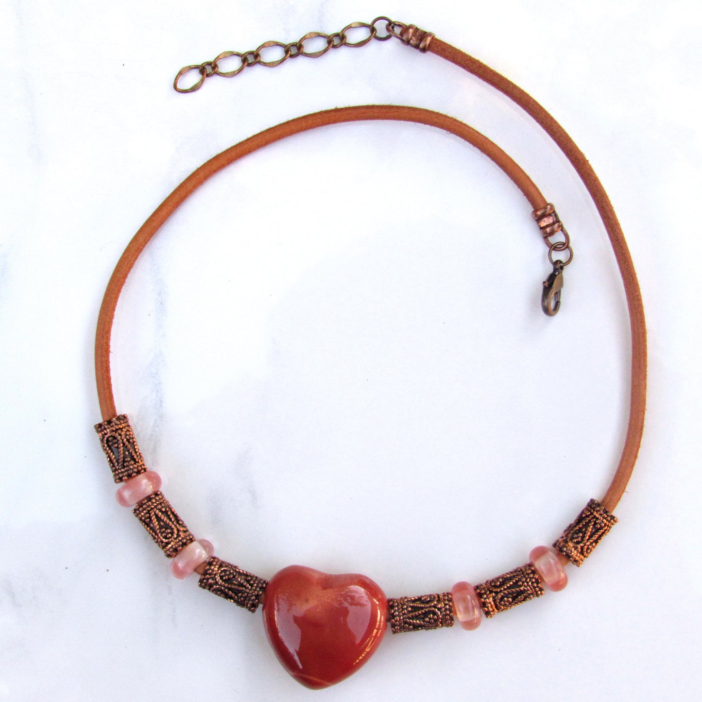 Mookaite gemstone Heart, Cherry Quartz, Copper, and Leather Necklace