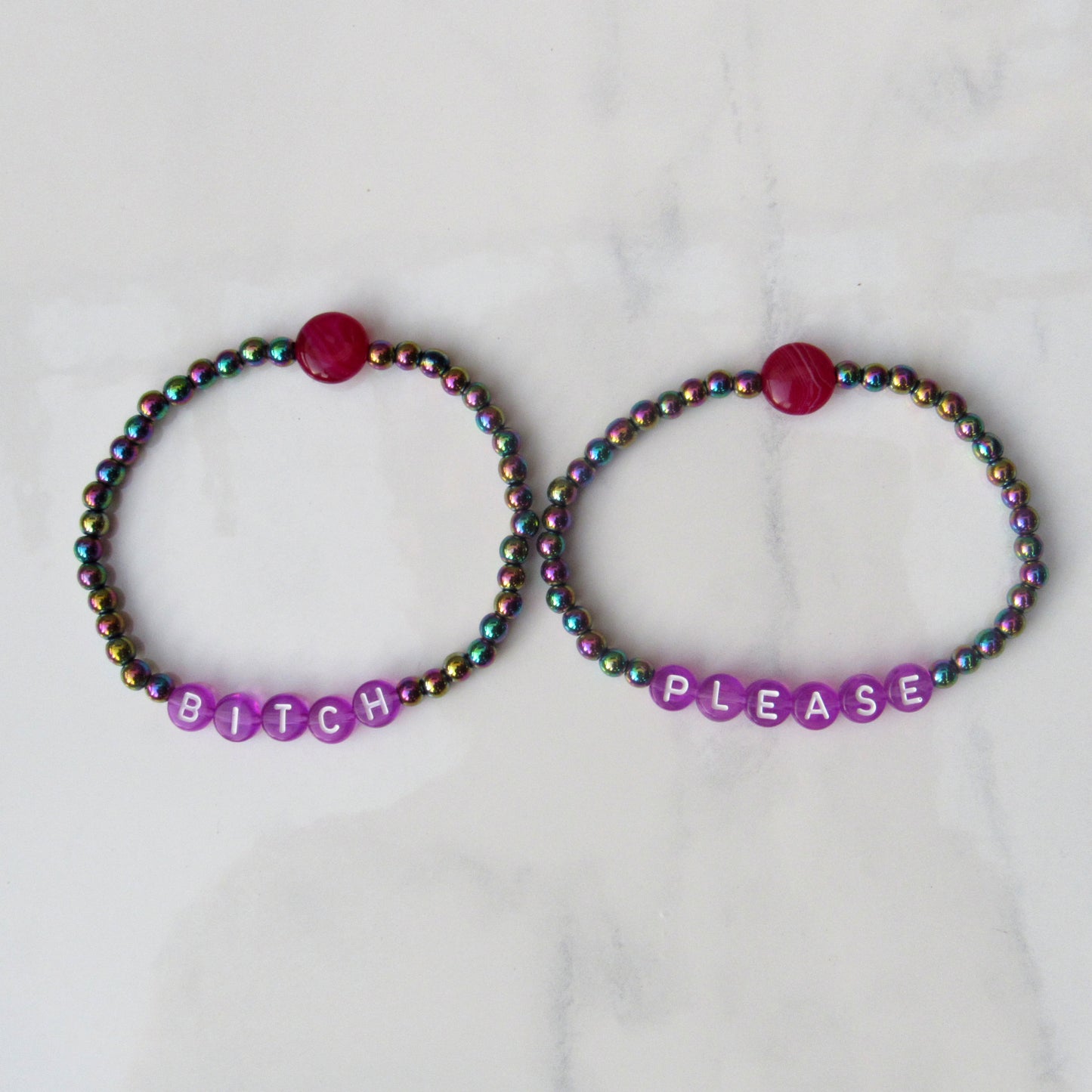 Rainbow Hematite and Pink Agate “Bitch Please” stretch Bracelet