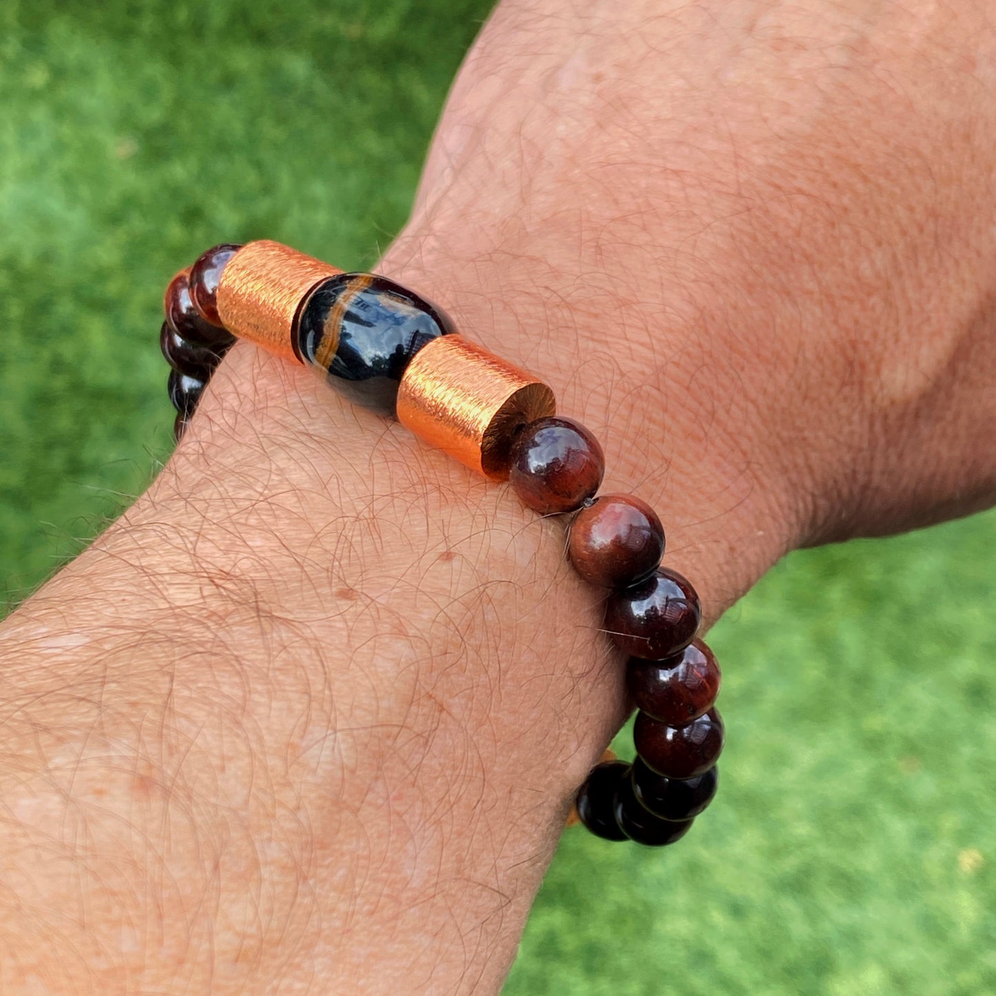 Red and blue Tiger Eye gemstones with genuine Copper Stretch bracelet