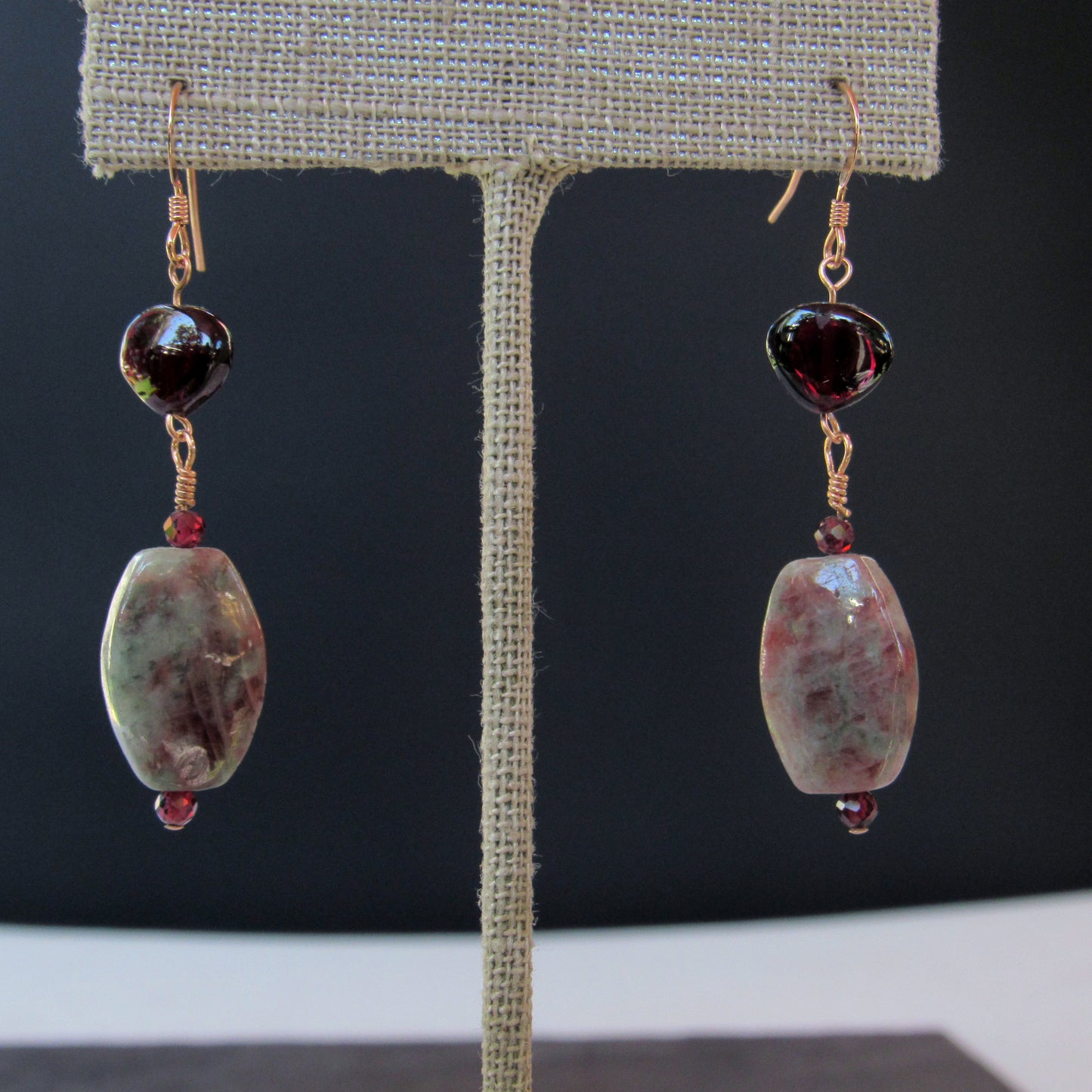 Ruby Zoisite, Garnets, w/ 14 kt Rose Gf Drop Earrings