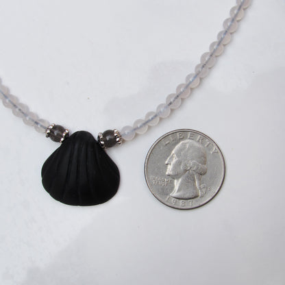 Onyx gemstone Shell pendant with White Agates and Silver Moonstone Necklace
