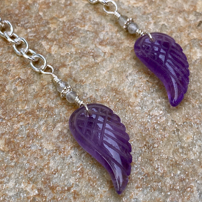 Amethyst, Labradorite gemstone, and Sterling Silver Wing Drop Earrings