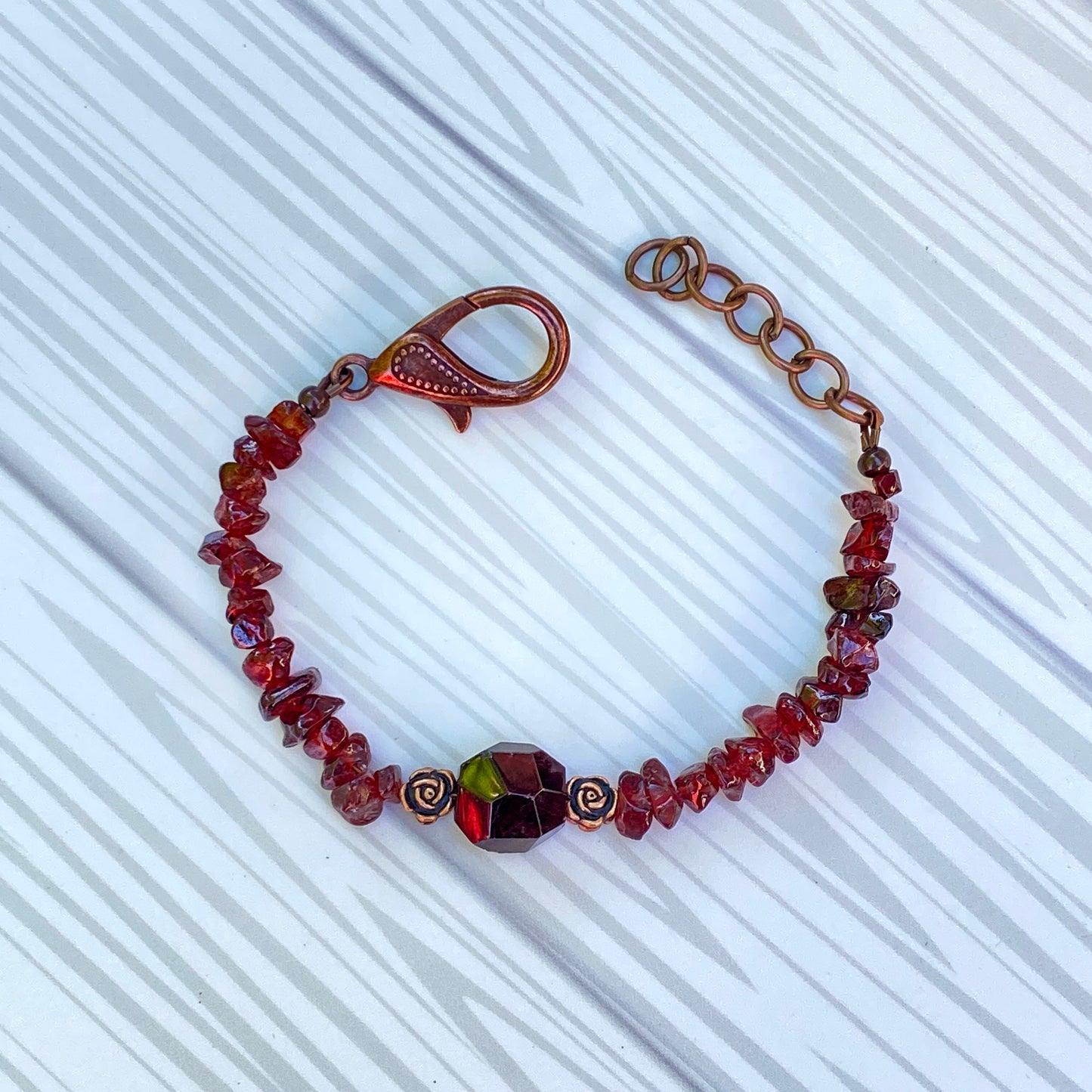 Garnet gemstone and Copper Rose clasp Bracelet