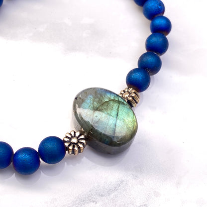 Labradorite, Blue Druzy Agates, and Sterling Silver Stretch Bracelet