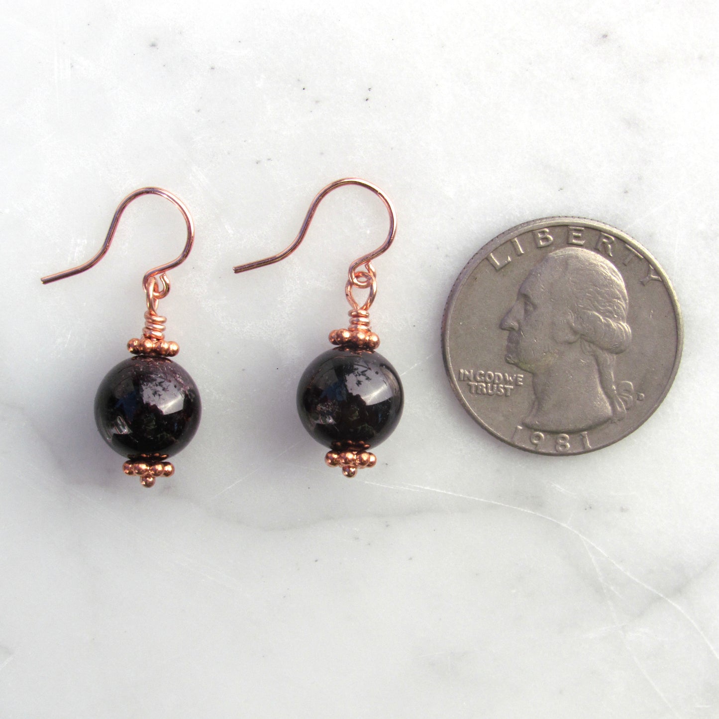 Garnet gemstones on hand-wrapped Copper wire Drop Earrings