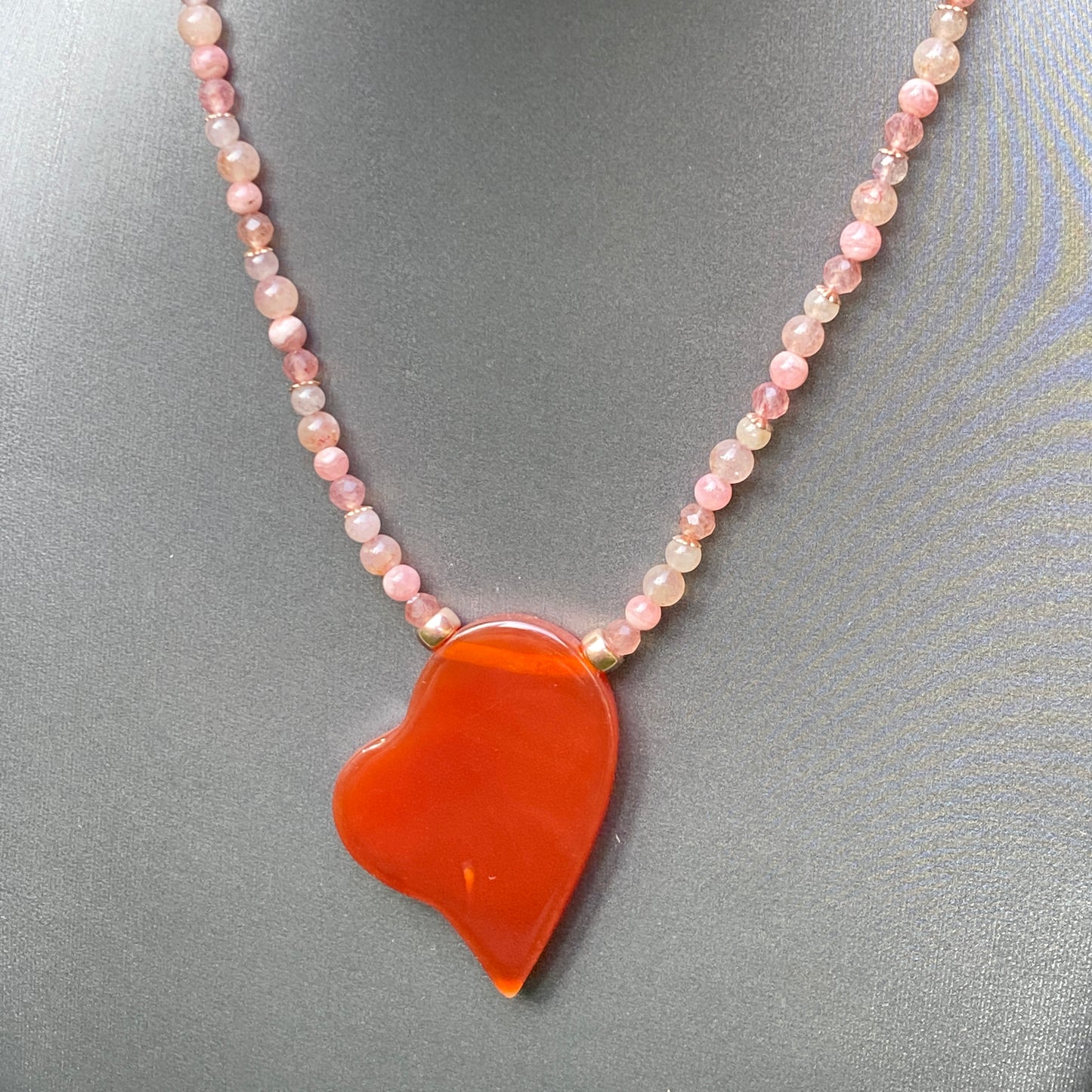 Carnelian Heart, Rhodochrosite, Lepidolite, and 14 Kt Rose Gf Necklace