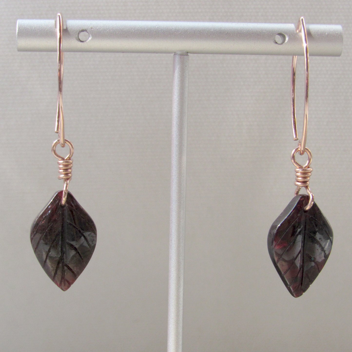 Genuine Garnet Leaf Carved Earrings Hand Wrapped with Silver Vermeil Wire