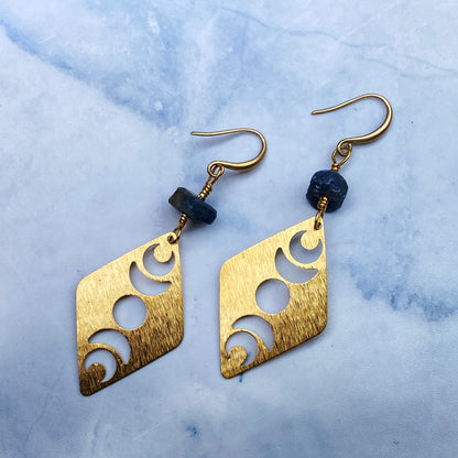 Blue Sapphire Brass Moon Dangle Earrings