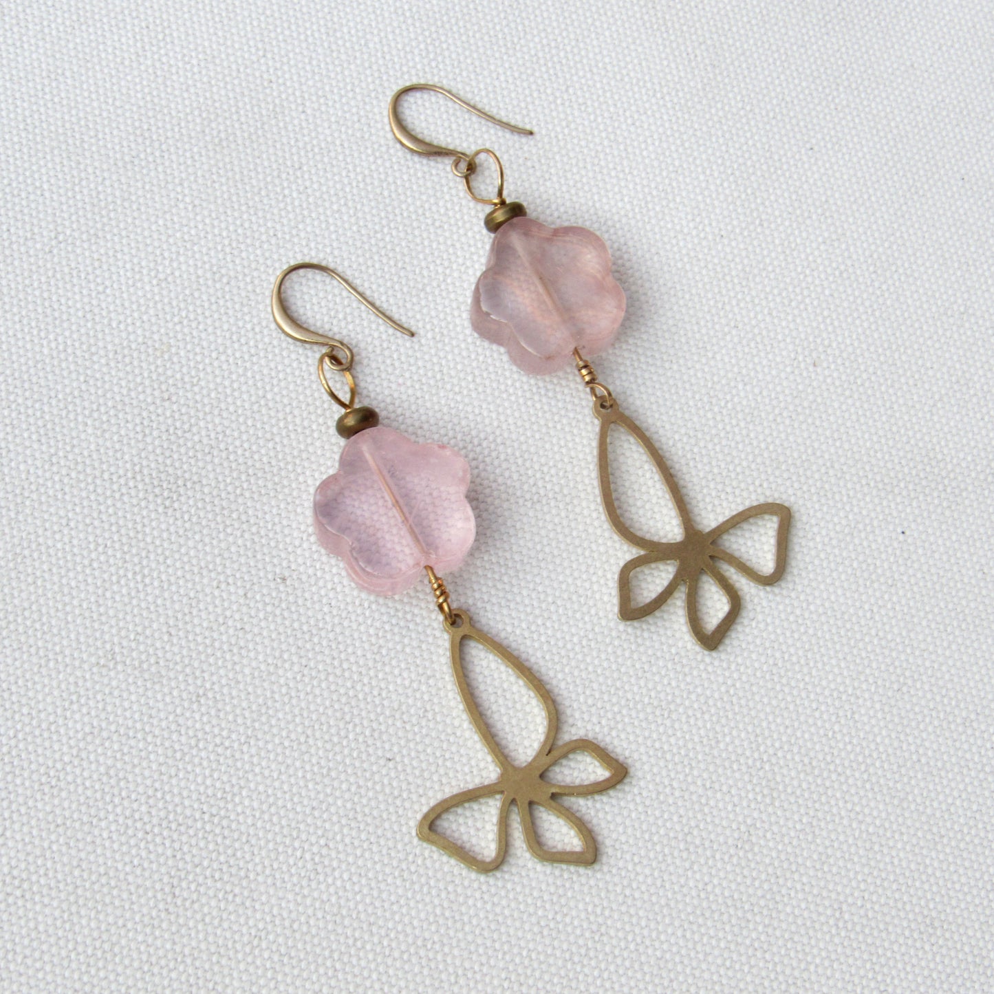 Rose Quartz gemstone  Flowered Brass Butterfly Drop Earrings