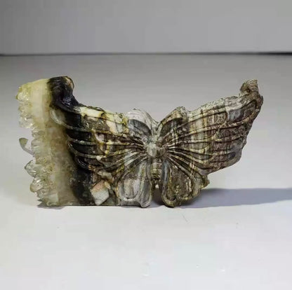 Natural crystal quartz cluster mineral specimen, hand carved, butterfly