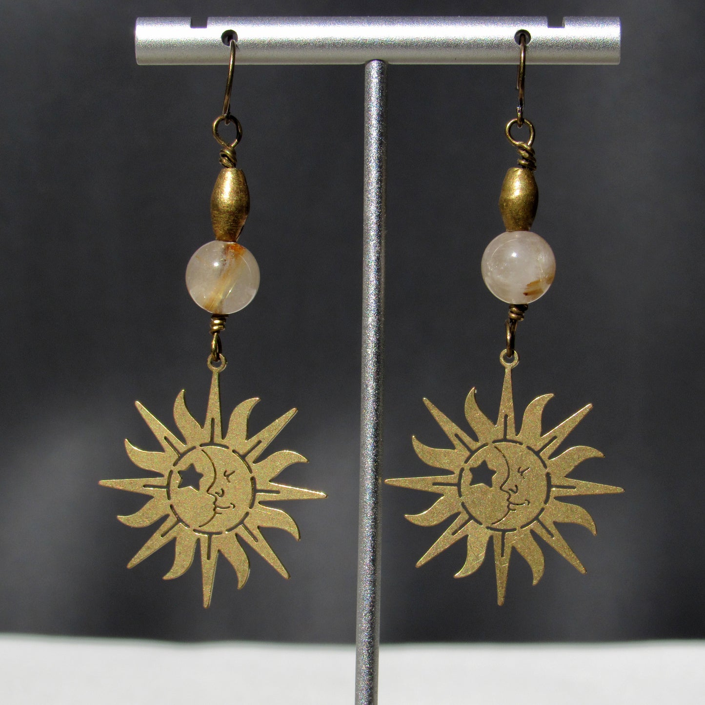 Rutile Quartz and Brass Moon and Sun earrings