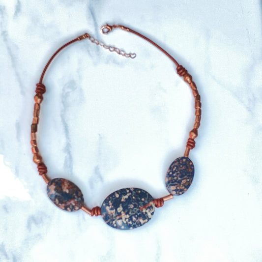 Leopard Print Jasper and Genuine Copper Hand Knotted on Leather