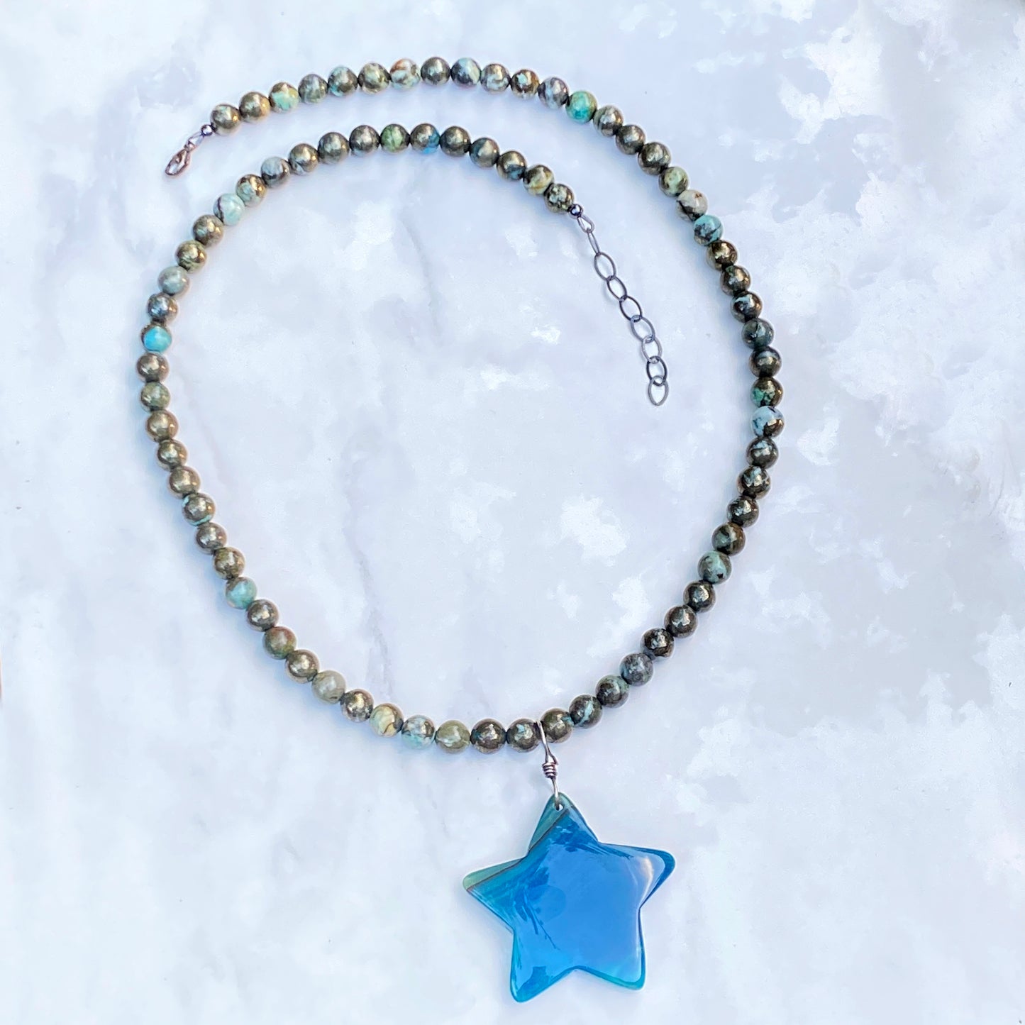 Blue Agate Star, Hand Wrapped w/ Oxidized Sterling Silver, On Blue Pyrite Necklace