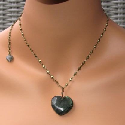 Labradorite gemstone Heart with Brass Heart Chain