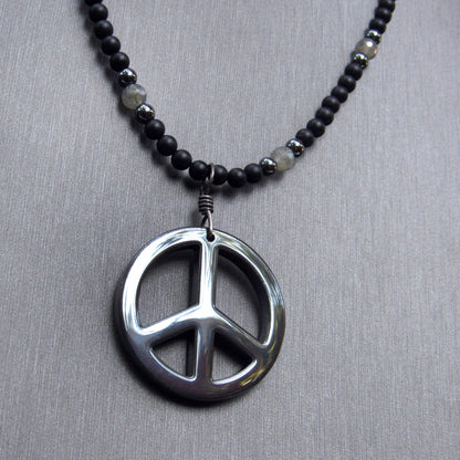 Hematite Peace Pendant, Hand Wrapped w/ Oxidized Sterling Silver, Matte Black Onyx, and Labradorite Men’s Necklace