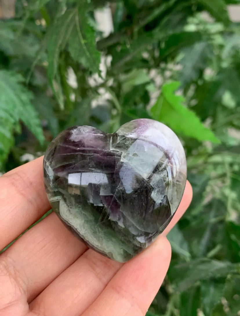 Large Rainbow Fluorite Heart, 1.75" Fluorite Puffy Heart, Fluorite Palm Stone