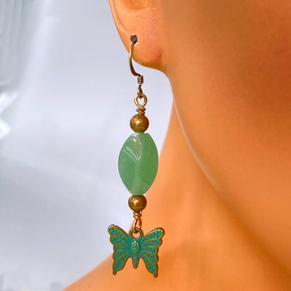 Brass and Green Aventurine gemstone with Butterflies Dangle Earrings