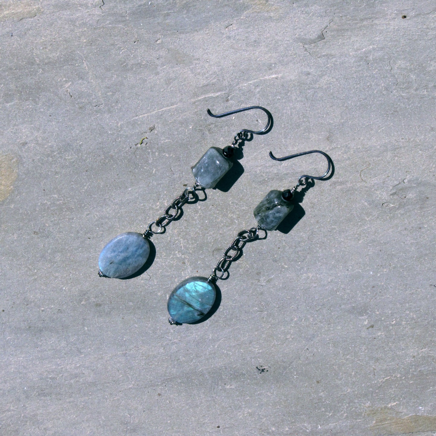 Labradorite, Black Spinel Gemstones, and Oxidized Sterling Silver Earrings