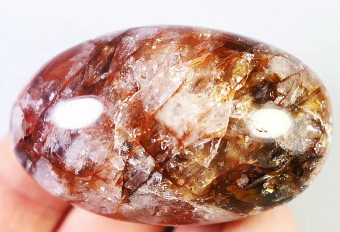 Natural Red Fire Hematoid  Quartz  Rainbow Crystal Palm Stone