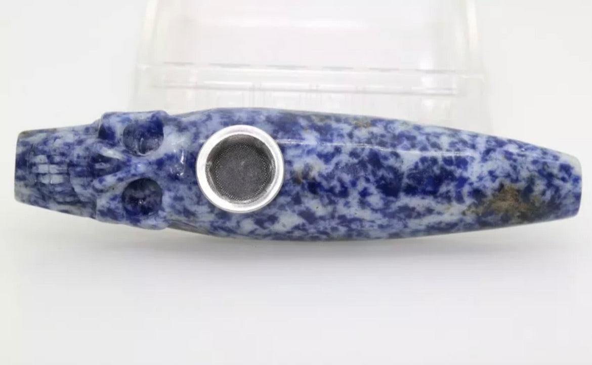 Blue Dot Jasper gemstone skull pipe