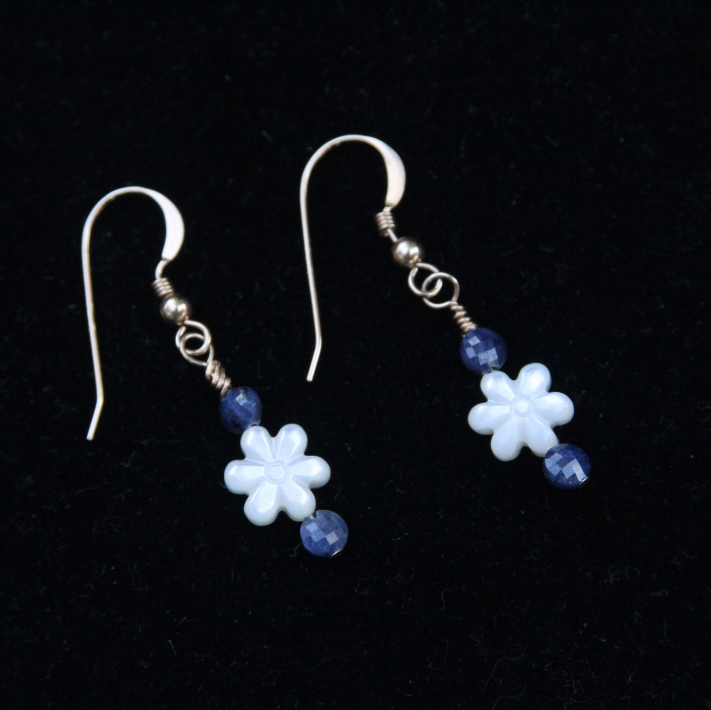 Mother of Pearl and Blue Sapphire with 14 Kt Gold Drop Earrings