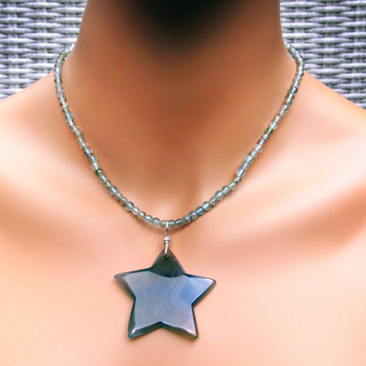 Grey Agate Gemstone Star on Apatite Necklace w/ Sterling Silver Clasp