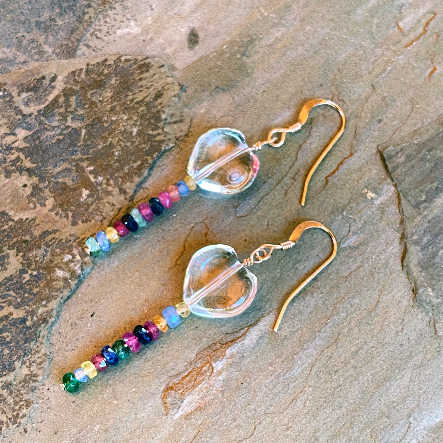 Clear Quartz hearts with precious stones Emeralds, Rubies, Sapphires drop earrings