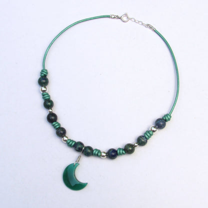 Green Onyx gemstone Moon, Lapis Lazuli Chrysocolla Intrusion, Sterling Silver, on Leather Necklace