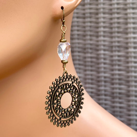 Quartz and Bronze sun design Earrings