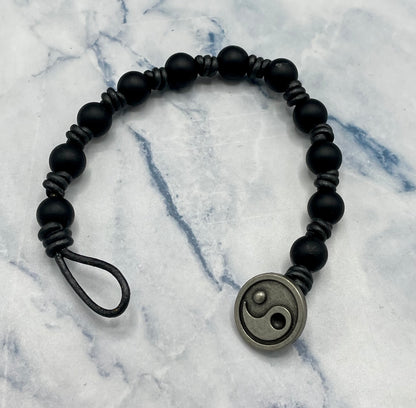 Black Onyx gemstone hand knotted Leather Bracelet with Yin Yang button clasp