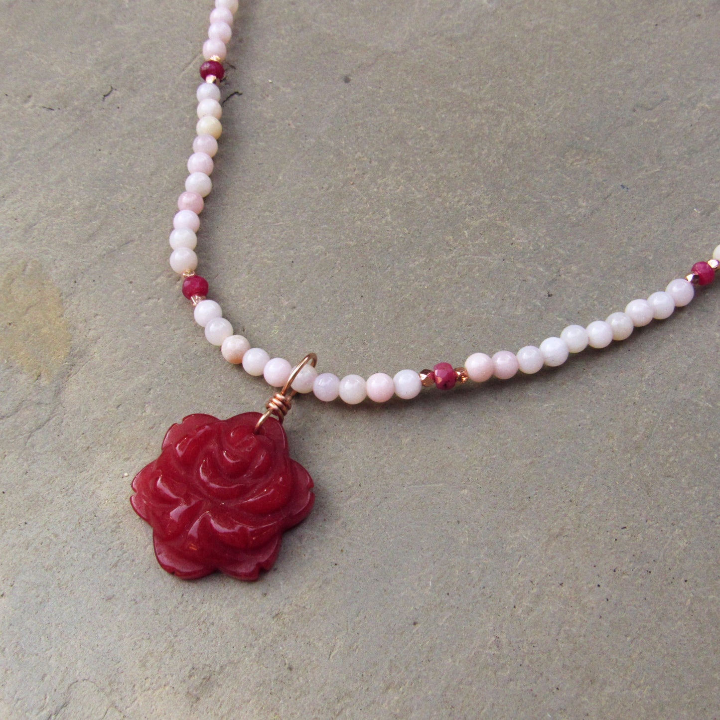 Red Agate Gemstone Flower w/ Pink Opals and Rubies and 14 kt Rose GF Necklace