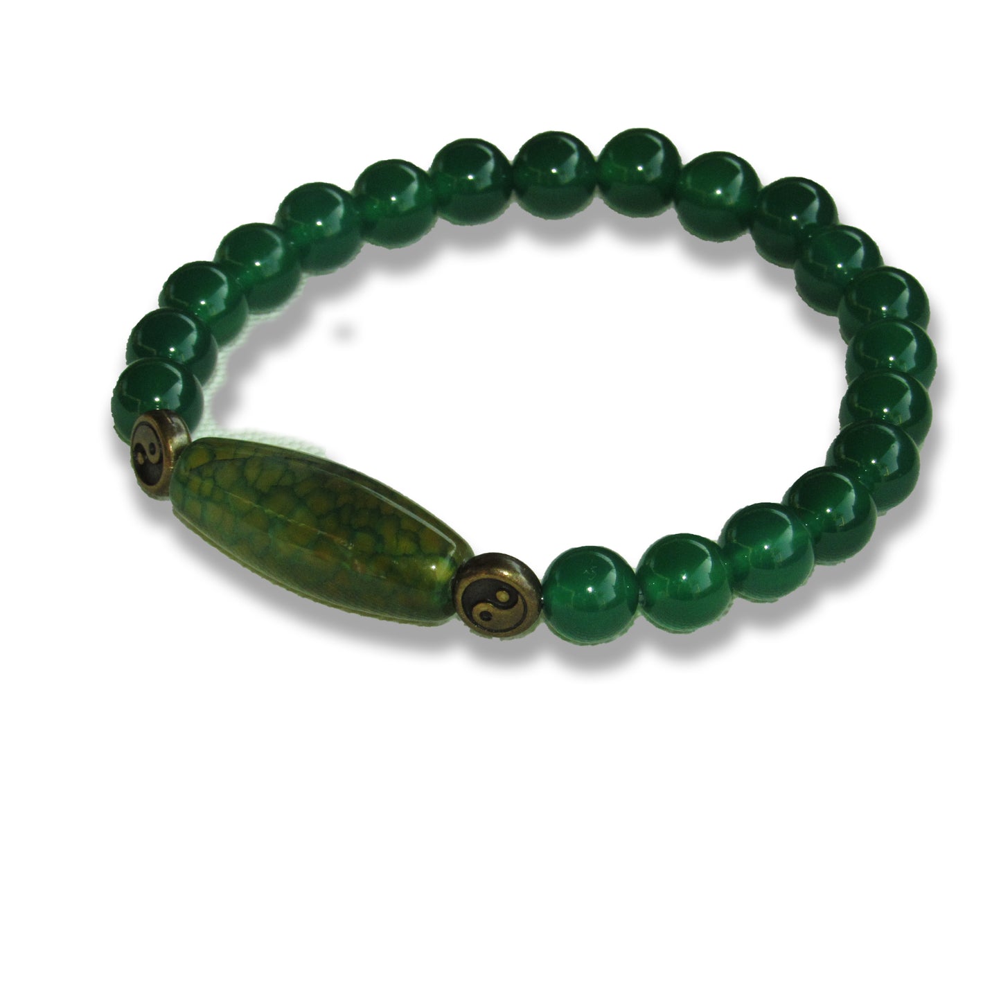 Green onyx gemstone, brass Yin Yang, and Dragon Vein Agate stretch bracelet