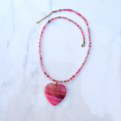 Pink Banded Agate gemstone Heart on pink agate necklace