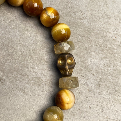 Men’s Tiger Eye, Citrine gemstone, and Hematite Skull Bracelet