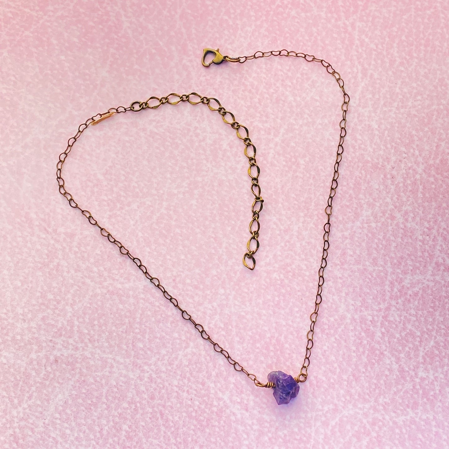 Raw Amethyst gemstone on Brass Heart Chain