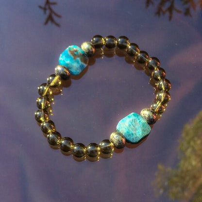 Men’s smokey Quartz, Apatite and Pyrite gemstone bracelet