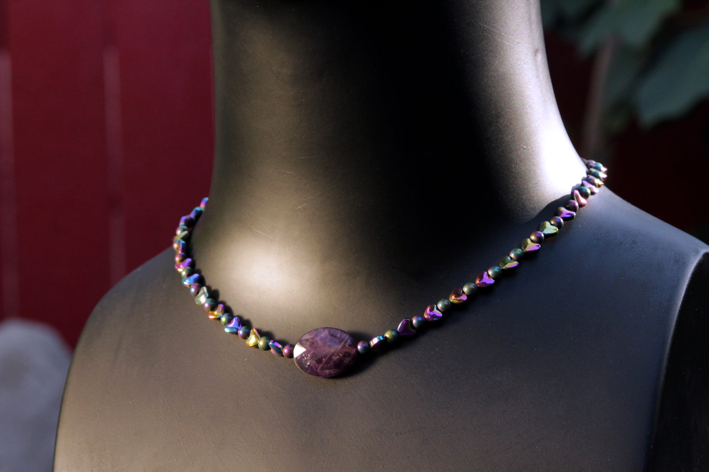 Rainbow Hematite and Amethyst gemstone choker necklace