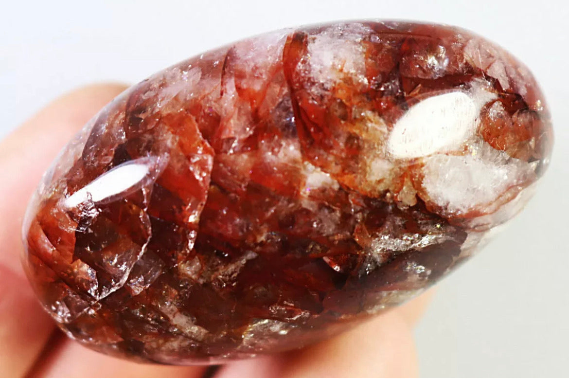 Natural Red Fire Hematoid  Quartz  Rainbow Crystal Palm Stone