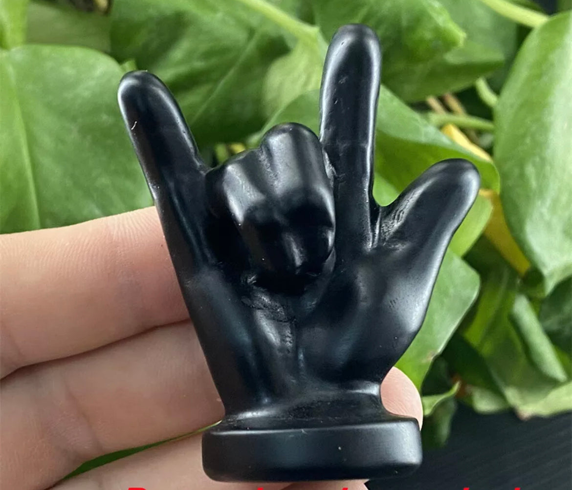 Natural Black Obsidian gemstone carved Rock and Roll Hand