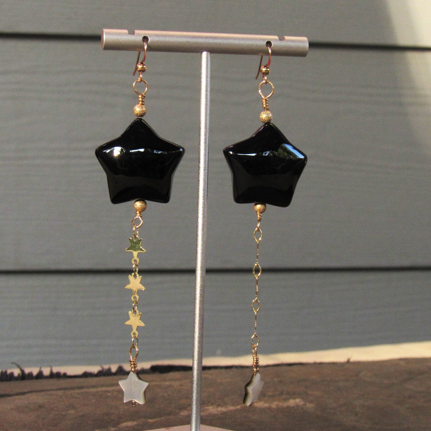 Black Agate Star, 14 kt Gold Fill, and Mother of Pearl Drop Earrings