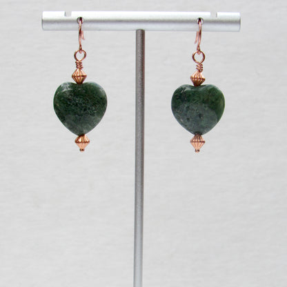 Moss Agate gemstone Heart and Copper Drop earrings