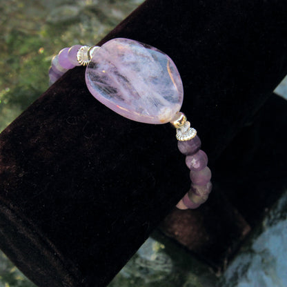 Amethyst Gemstone, Clear Quartz Flower with Accents and Sterling Silver Stretch Bracelet