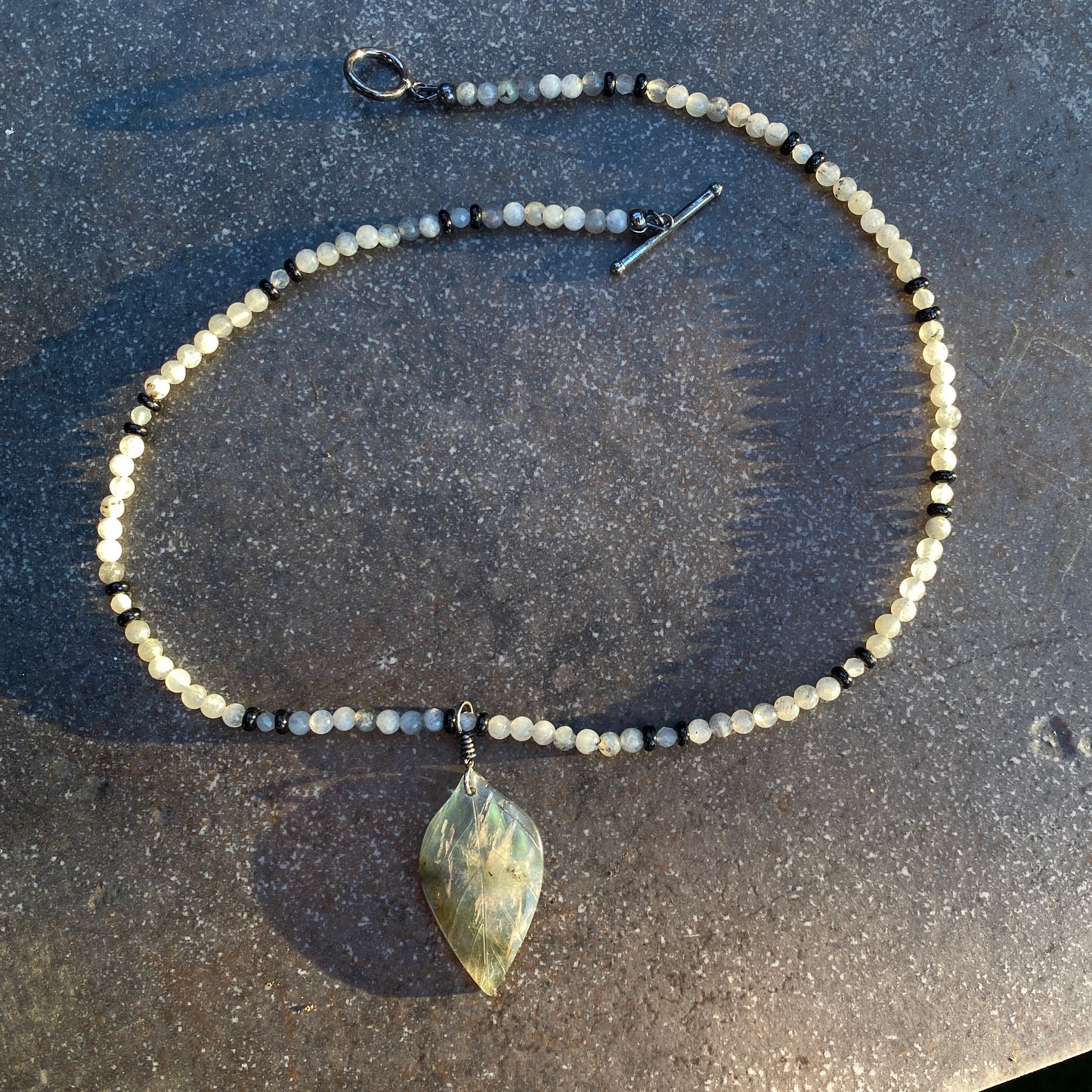 Labradorite Leaf Pedant W/ Oxidized Sterling Silver Gemstone Necklace