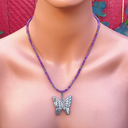 Hematite Butterfly on Amethyst gemstone Beaded Necklace