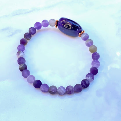 Amethyst gemstone and copper crystal beaded stretch bracelet